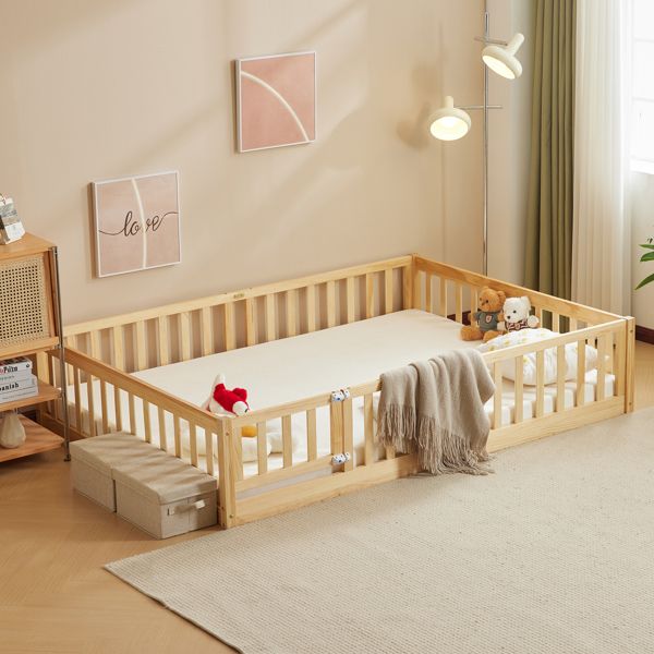 Original wood color painted pine fence bed with door and deck board full children's wooden bed