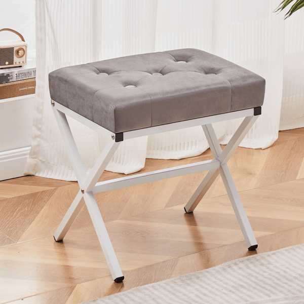 Ottoman Foot Stool Tufted Vanity Stool Ottomans Thickened Cushion Footstool Shoe Changing Seat Step Stools with Metal X Leg for Living Room Bedroom Grey