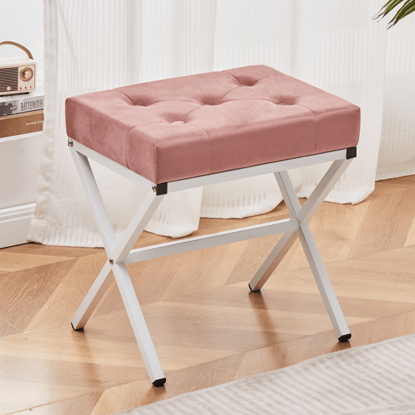 Ottoman Foot Stool Tufted Vanity Stool Ottomans Thickened Cushion Footstool Shoe Changing Seat Step Stools with Metal X Leg for Living Room Bedroom Pink