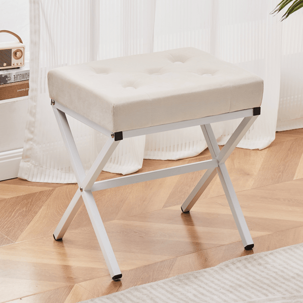 Ottoman Foot Stool Tufted Vanity Stool Ottomans Thickened Cushion Footstool Shoe Changing Seat Step Stools with Metal X Leg for Living Room Bedroom White