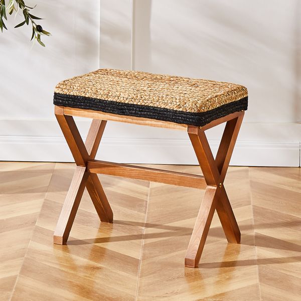 Ottoman Footstool Natural Seagrass Footrest Pouf Ottomans with X Wooden Legs Rectangular Hand Weaving Foot Rest for Living Room Patio Balcony 17 inch