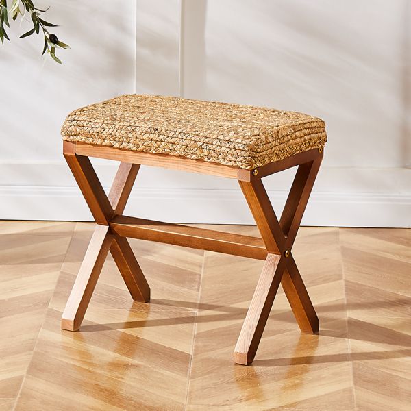 Ottoman Footstool Natural Seagrass Footrest Pouf Ottomans with X Wooden Legs Rectangular Hand Weaving Foot Rest for Living Room Patio Balcony 17 inch