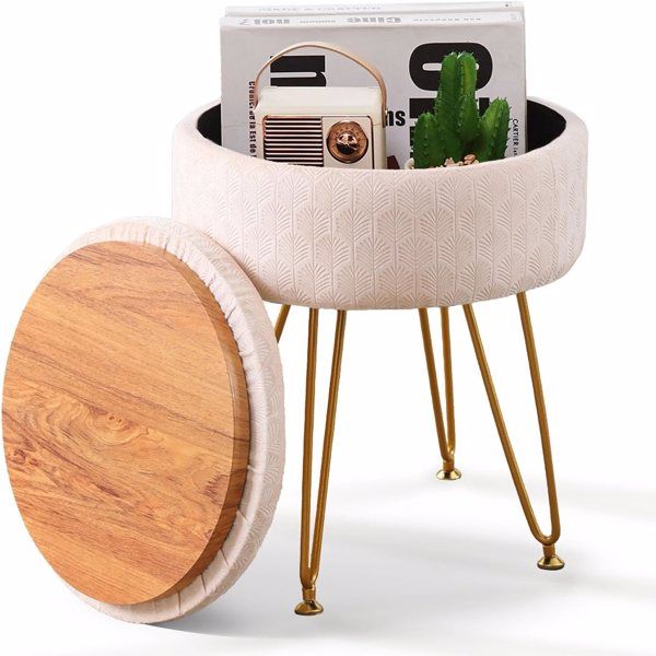 Ottoman Footstool Round Velvet Storage Stool – Soft Vanity Chair with Memory Foam Seat, Small Side Table & Step Stool, 4 Gold Metal Legs with Adjustable Foot Pads, Champagne