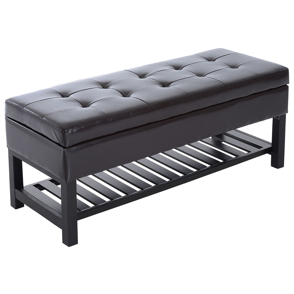 Ottoman Storage Bench 44 Inch Tufted Faux Leather with Shoe Rack Dark Brown