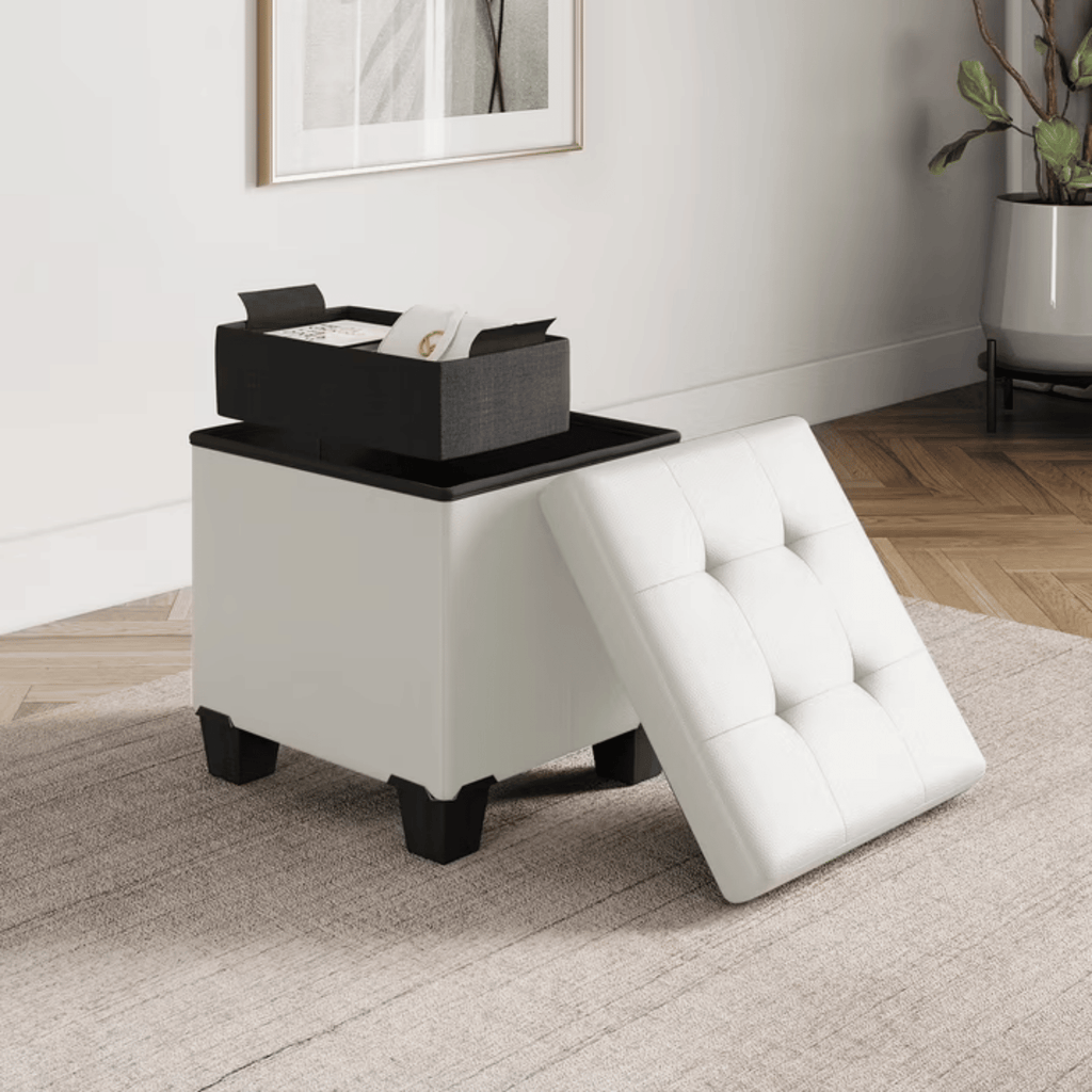 Ottoman withStorageBench, 15-inch Foot StoolStorageOttoman, Leather, White