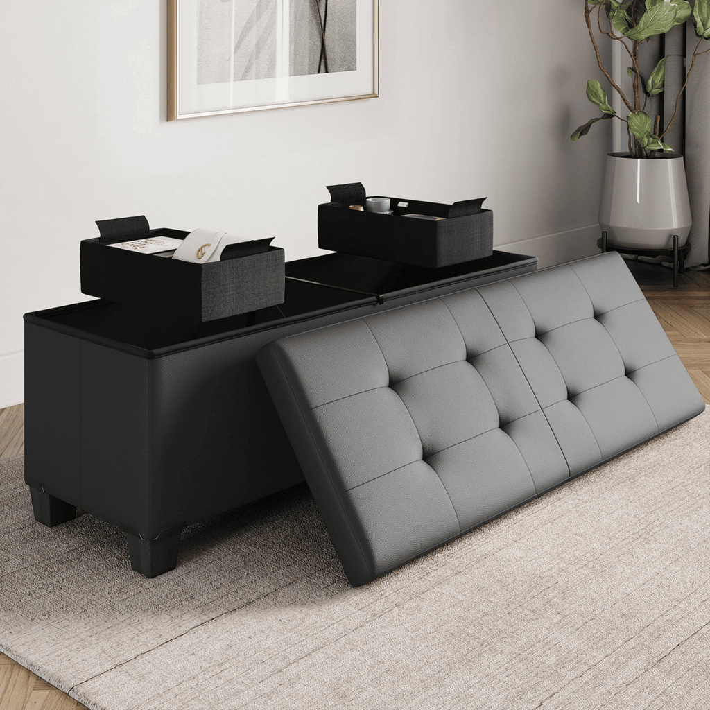 Ottoman withStorageBench, 43-inchStorageOttoman, Leather, Gray