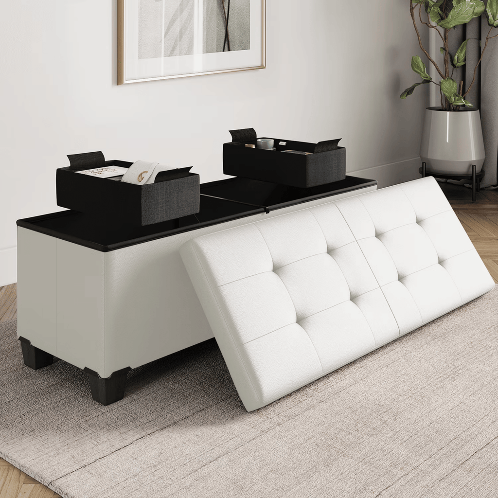 Ottoman withStorageBench, 43-inchStorageOttoman, Leather, White