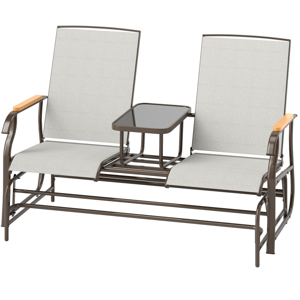 Outdoor 2-Person Glider Bench, Outside Glider Swing Chair Loveseat with Table, Steel Frame, Cream White
