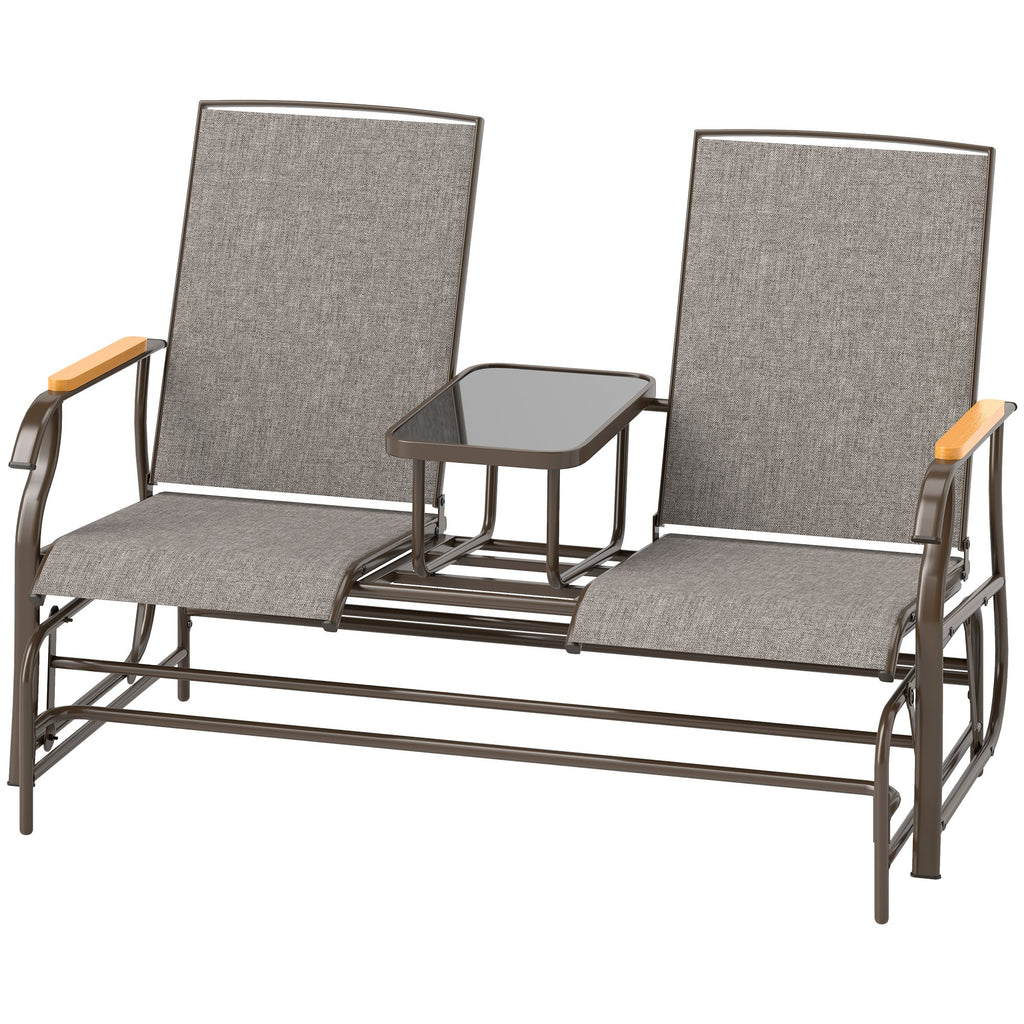 Outdoor 2-Person Glider Bench, Outside Glider Swing Chair Loveseat with Table, Steel Frame, Light Mixed Brown