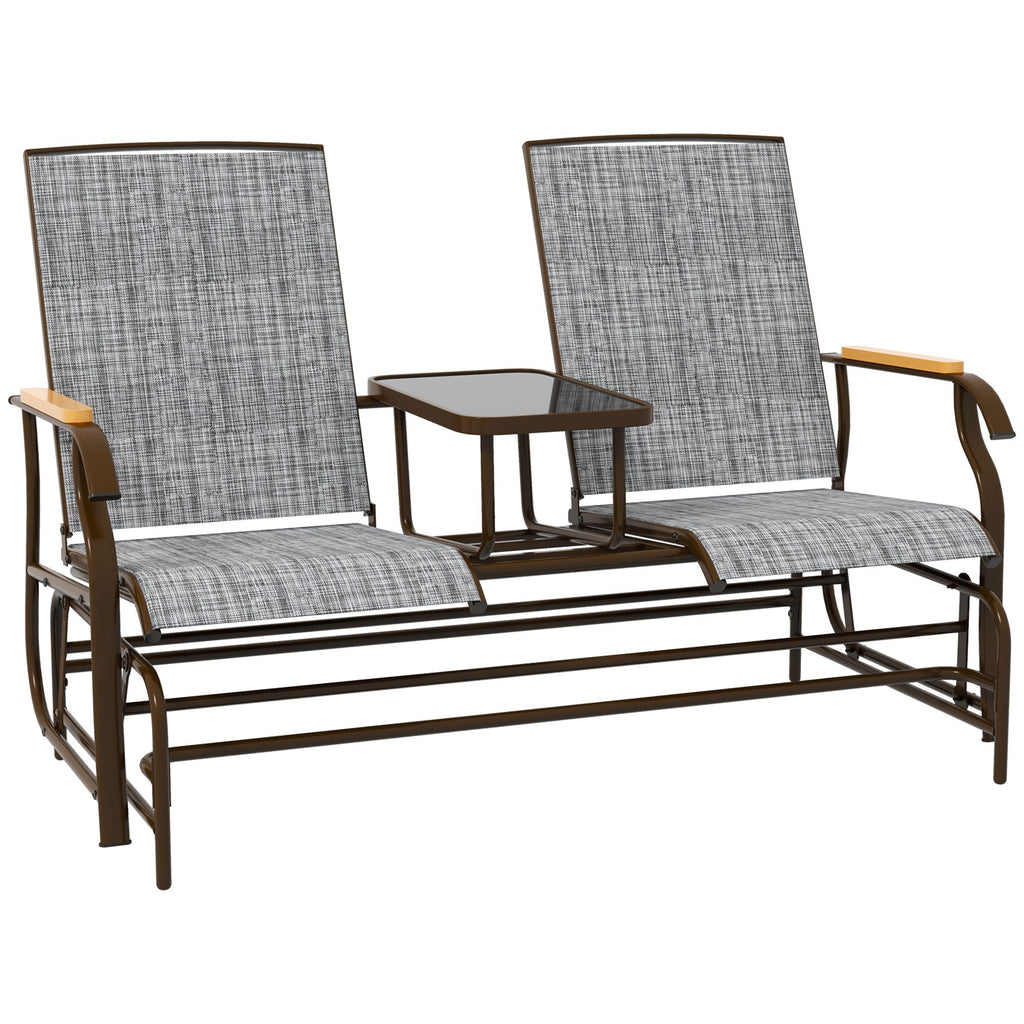 Outdoor 2-Person Glider Bench, Outside Swing Glider Chair Loveseat with Breathable Mesh, Table, Steel Frame