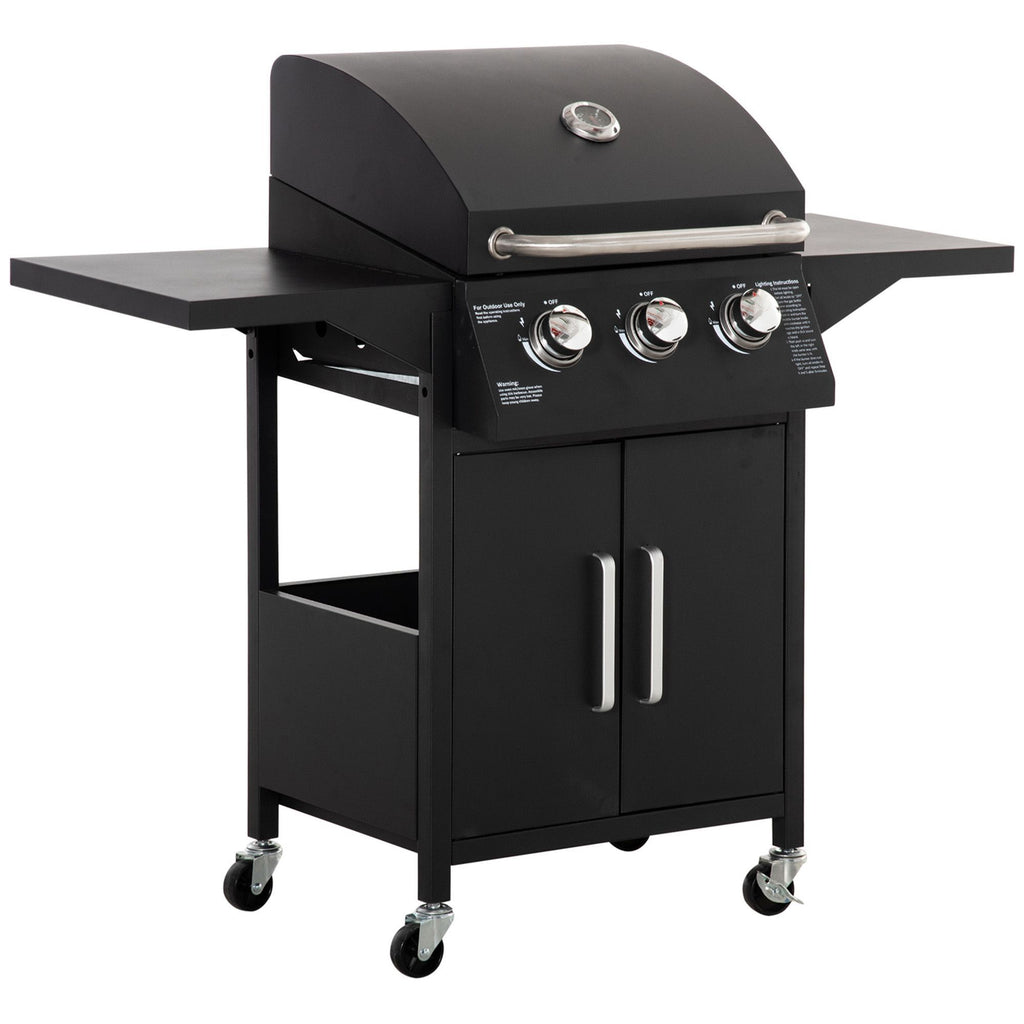 Outdoor 3 Burner Gas Grill Portable BBQ Trolley with Wheels Warming Rack Shelves Cabinet Thermometer Black