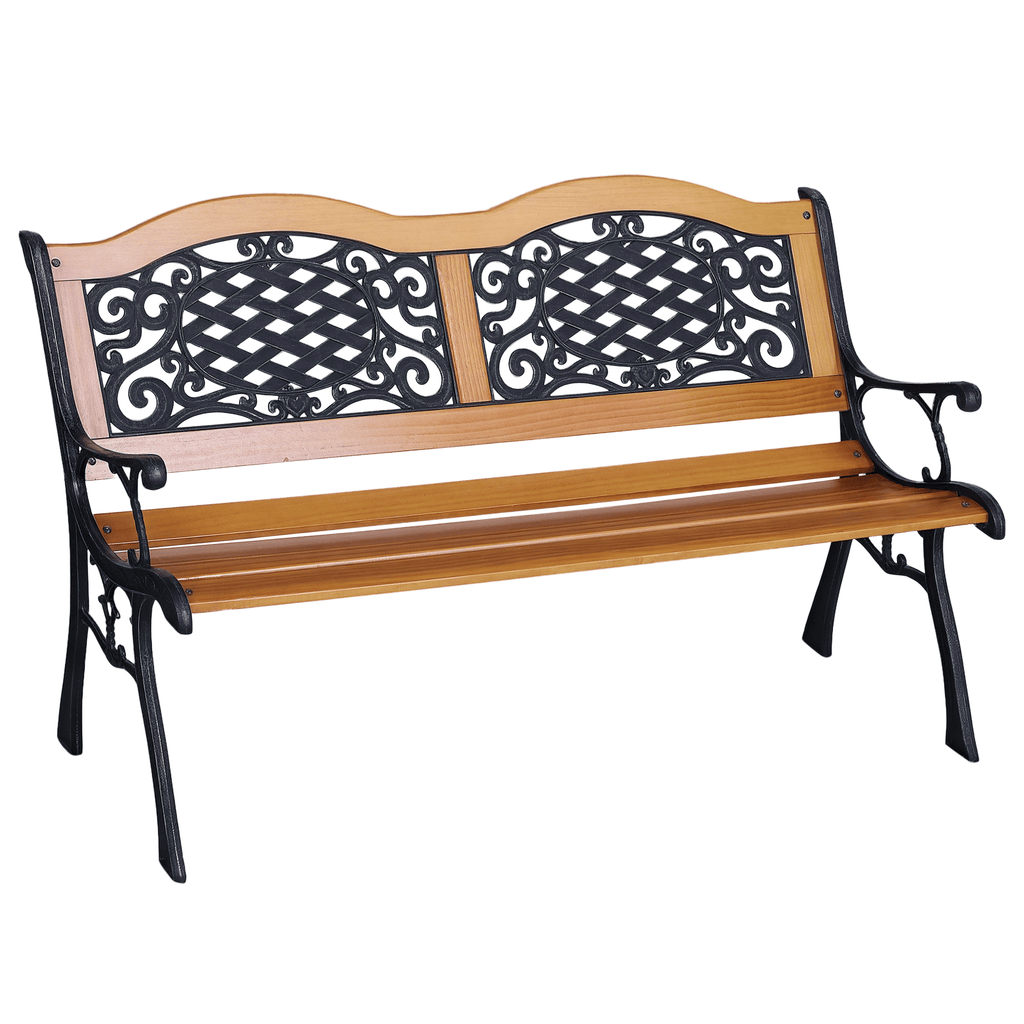 Outdoor Bench 50ft 2-Person Wood Slat Metal-Legged Seat, Tilted Backrest, for Patio, Garden - Teak