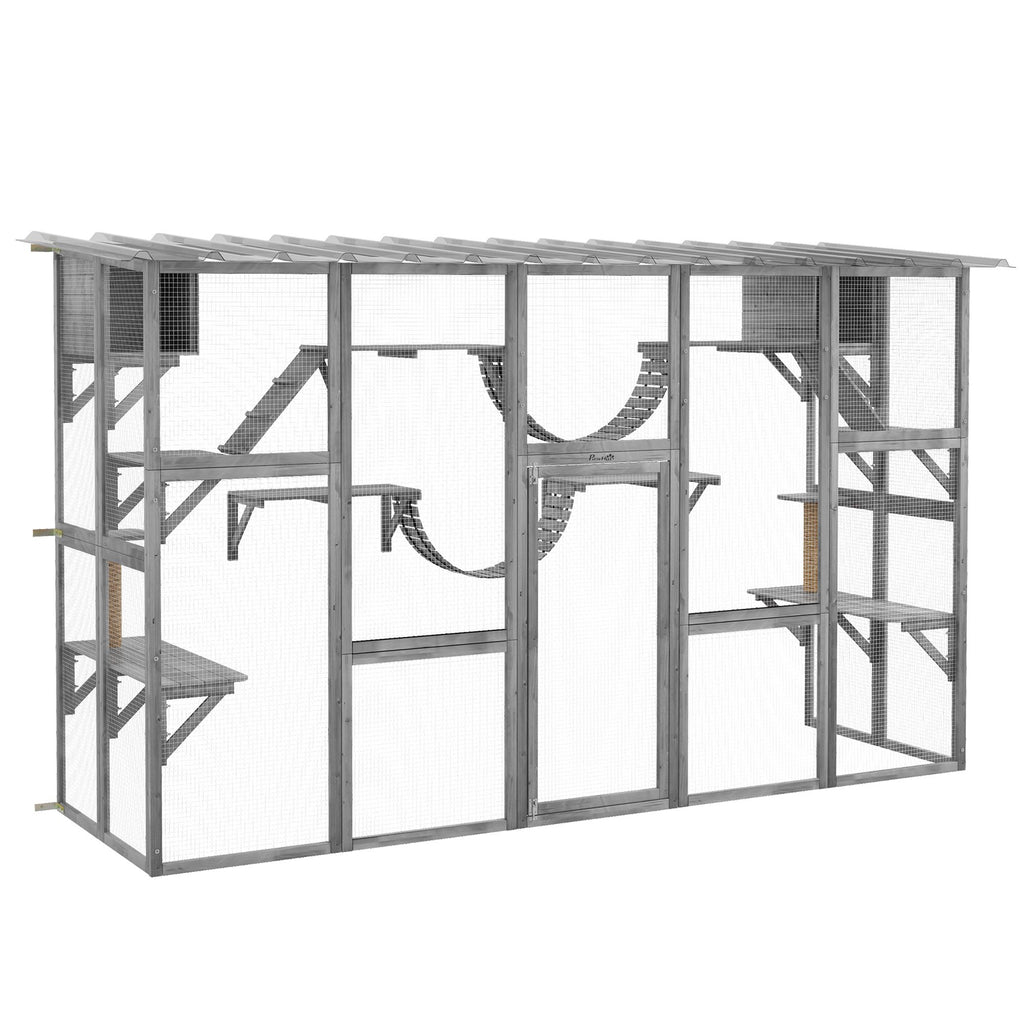 Outdoor Cat Cages Enclosures, Wooden Outdoor Cat House, Weather Protection Roof, Cat Shelter Kitten Playpen with Shelves & Bridges