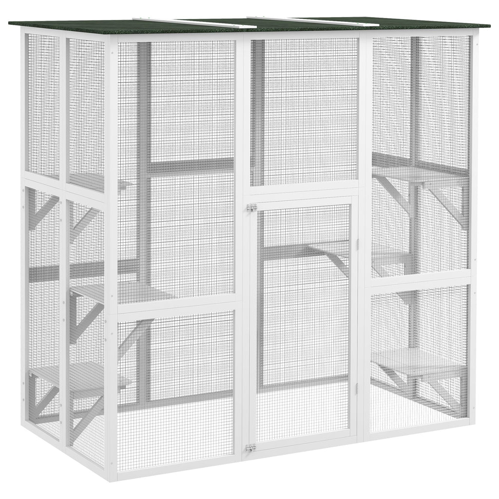 Outdoor Cat House Big Catio Wooden Feral Cat Shelter Enclosure w/ Large Spacious Interior, 6 High Ledges, Weather Protection Roof, 71" L, White