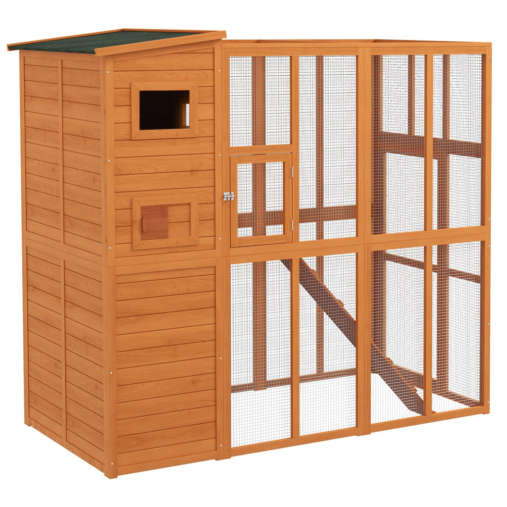 Outdoor Cat House Catio Wooden Feral Cat Shelter with Door Weather-Resistant Asphalt Roof 77 L Natural