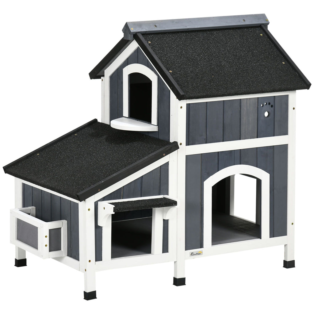 Outdoor Cat House with Flower Pot, 2-Story Feral Cat House with Weather Resistant Roof, Wooden Cat Shelter with Window, Multiple Entrances