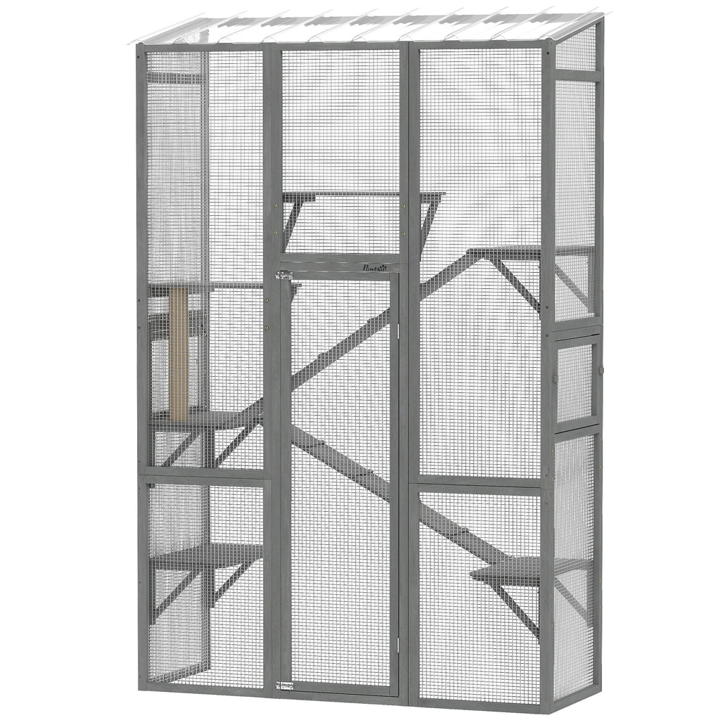 Outdoor Catio Cat Enclosure, Large Wooden Cat House with 6 Jumping Platforms, Scratching Post, 2 Ramps, for 2-3 Kittens