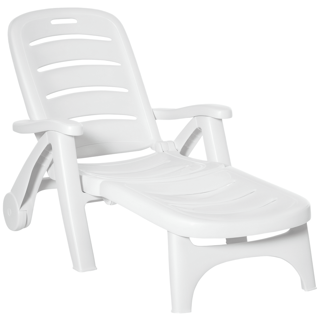 Outdoor Chaise Lounge, 5 Level Adjustable Backrest Lounge Chair with Wheels, Folding Tanning Chair for Pool, Beach, Patio, Garden, White