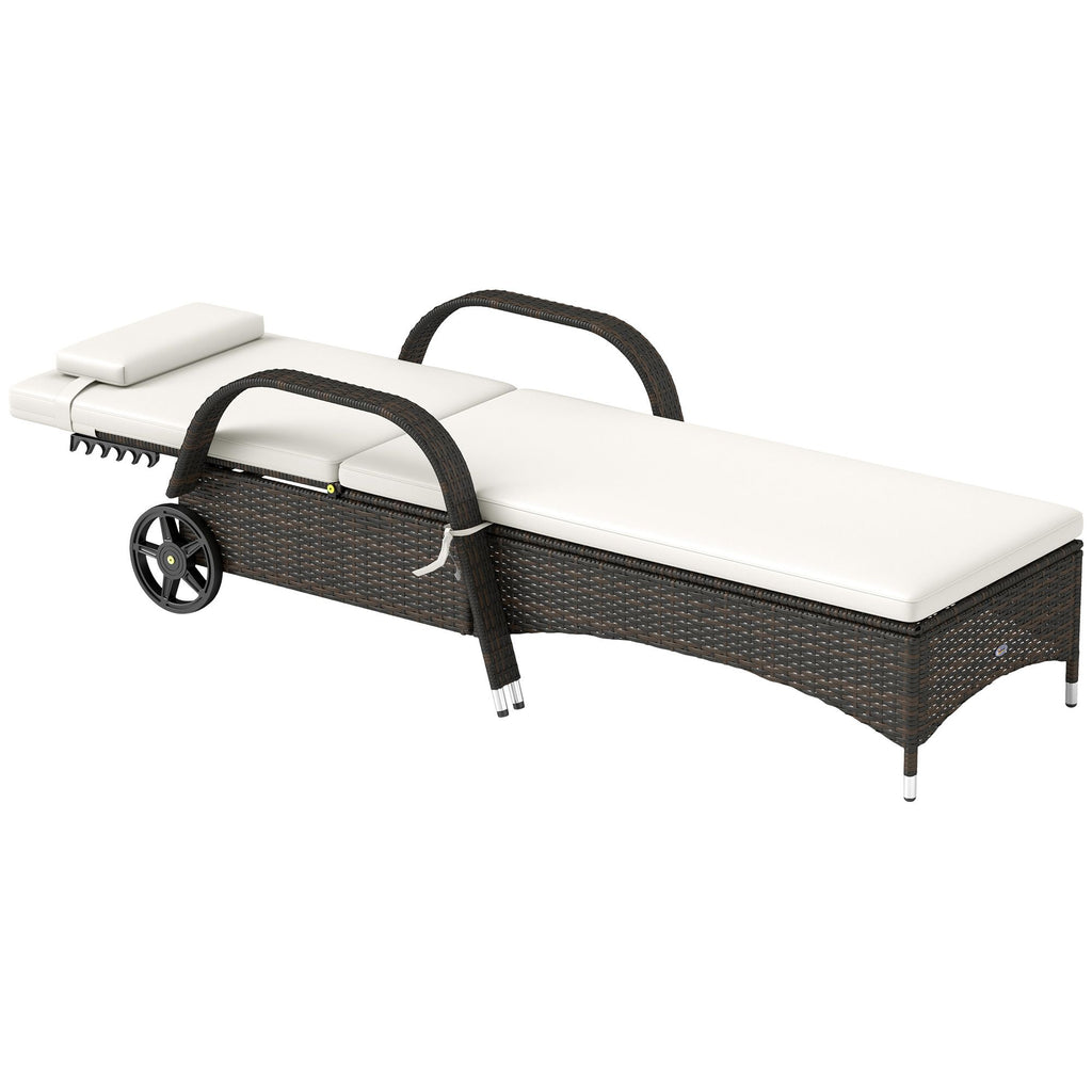 Outdoor Chaise Lounge, 5-Level Adjustable Backrest Rattan Pool Lounge Chair with Wheels, Cushion & Headrest, Cream