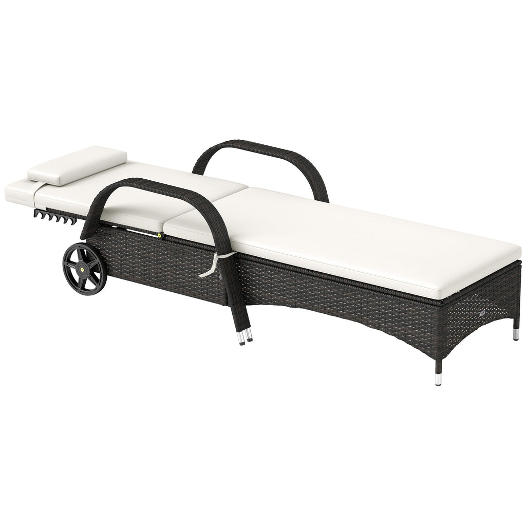 Outdoor Chaise Lounge, 5-Level Adjustable Backrest Rattan Pool Lounge Chair with Wheels, Cushion & Headrest, Cream