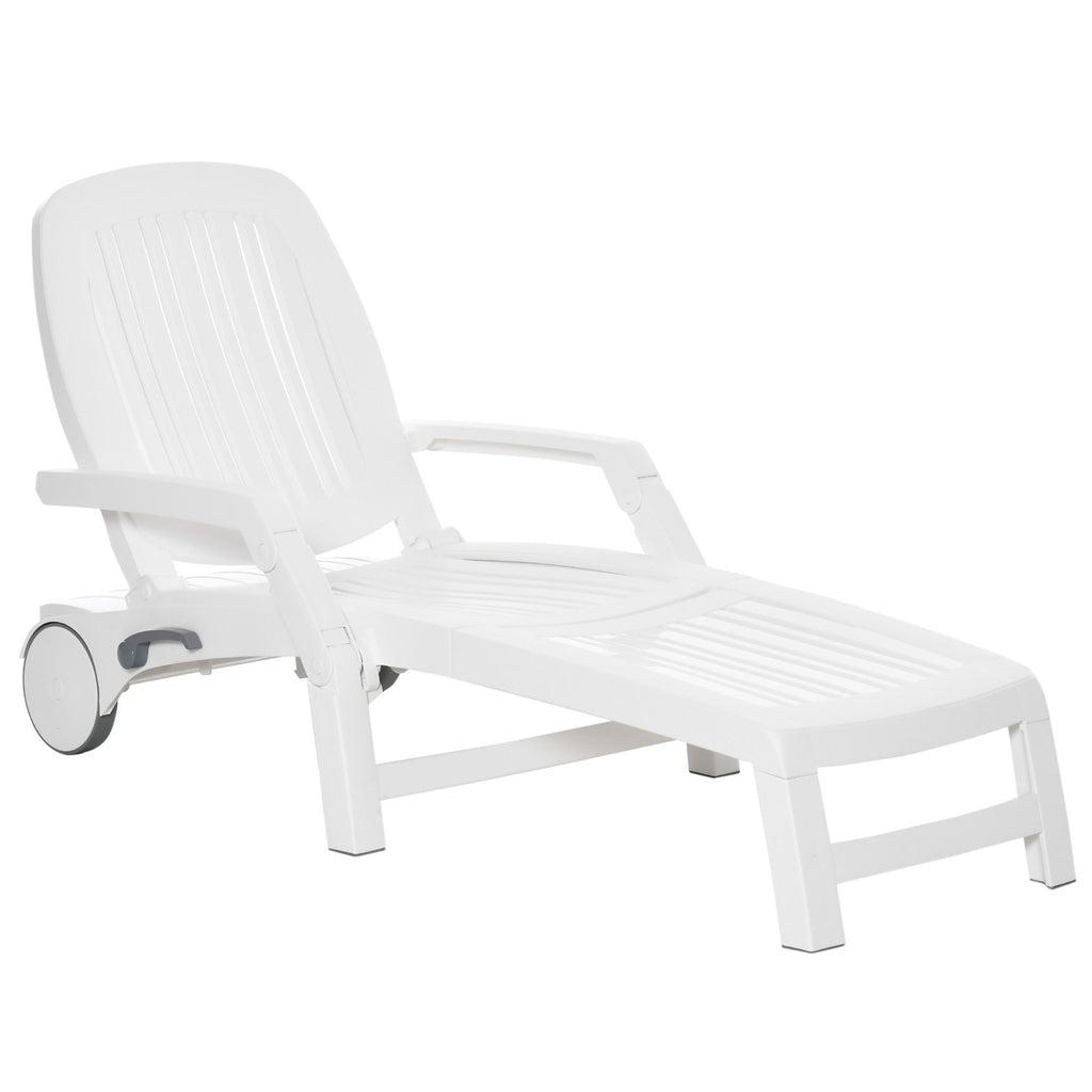 Outdoor Chaise Lounge Chair White with Wheels and Storage Box 5-Position Recliner for Garden Beach