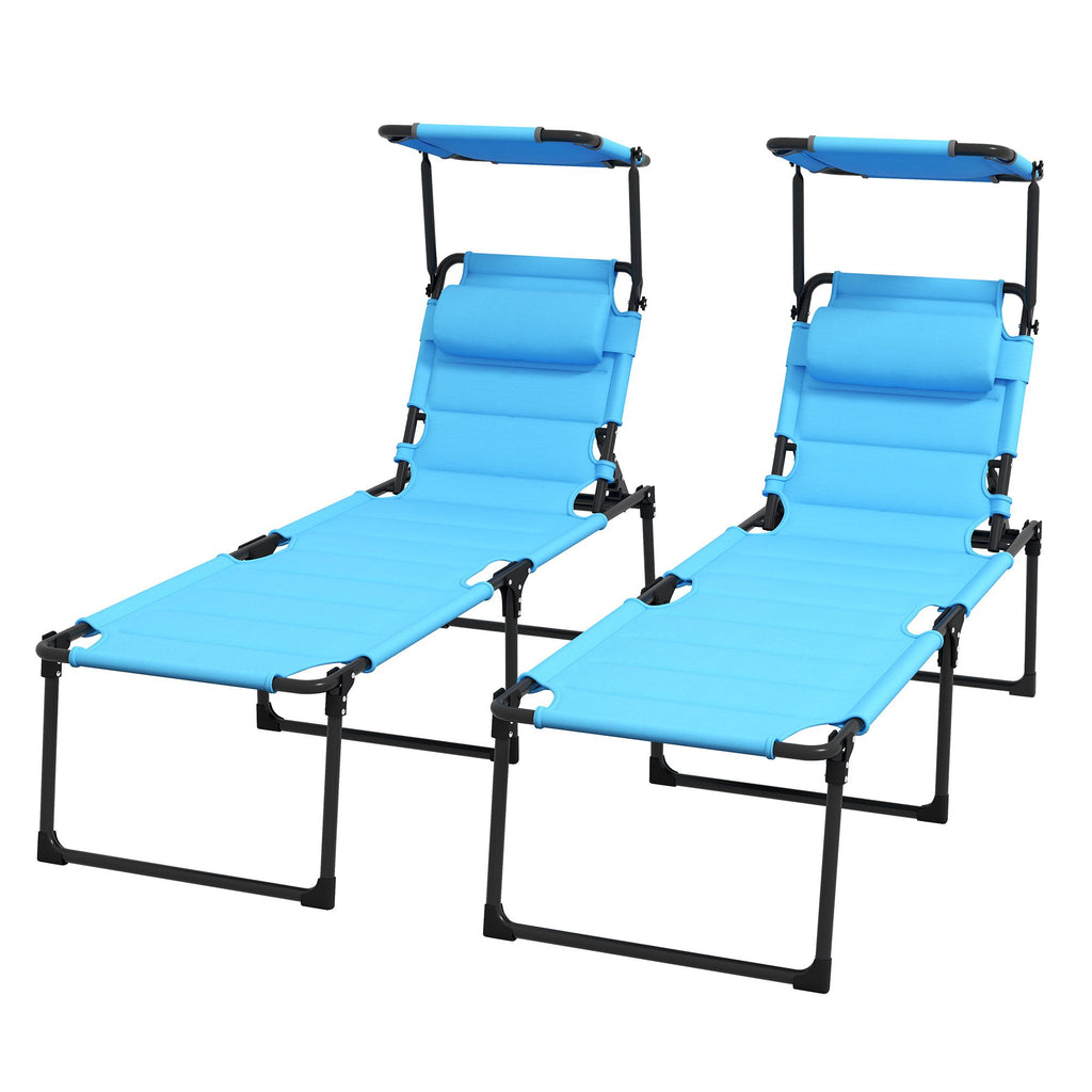 Outdoor Chaise Lounge Chairs Set of 2 with Sunroof Blue 4-Position Reclining Pool Sun Tanning Chairs with Headrests