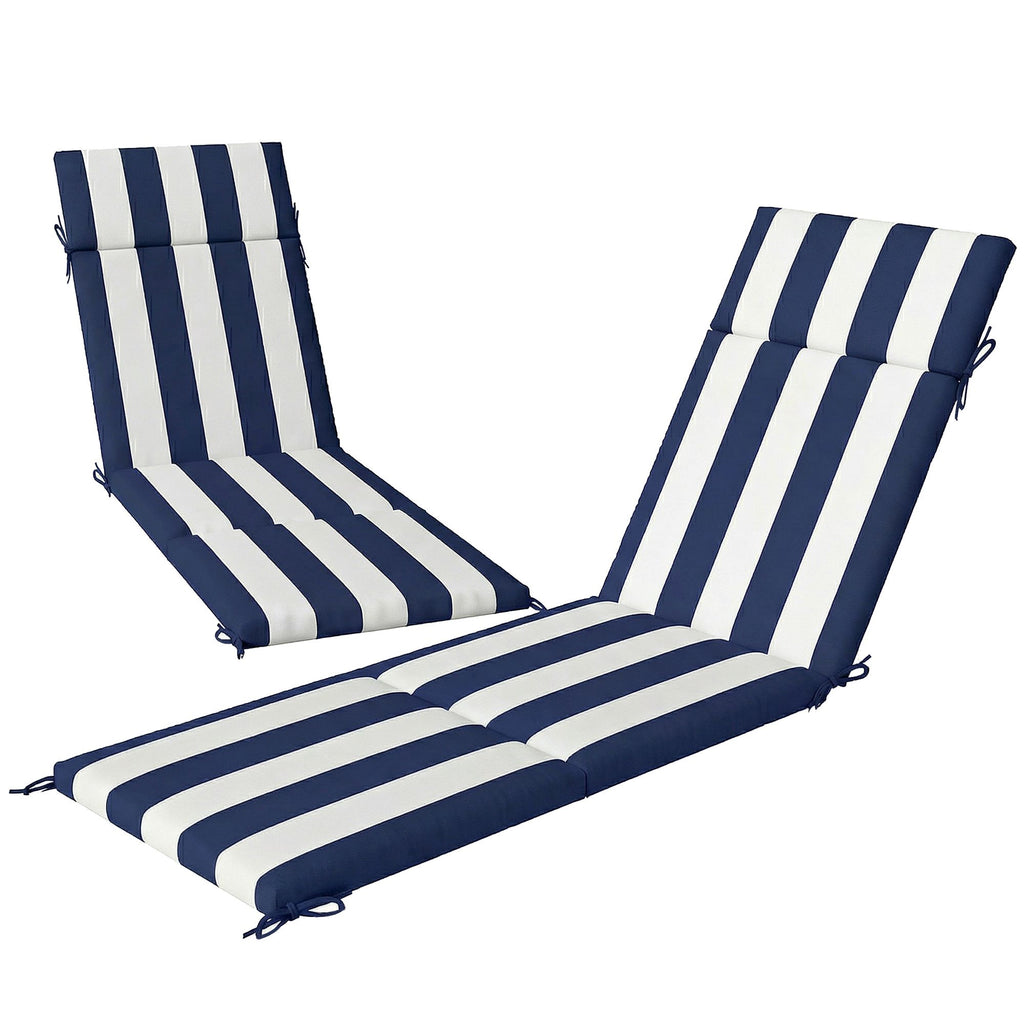 Outdoor Chaise Lounge Cushions Set of 2 with 6 Ties, High-Density Foam, for Patio and Poolside, Dark Blue and White