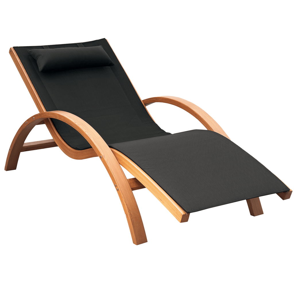 Outdoor Chaise Wood Lounge Chair with Pillow Armrests Breathable Sling Mesh for Patio Deck Poolside