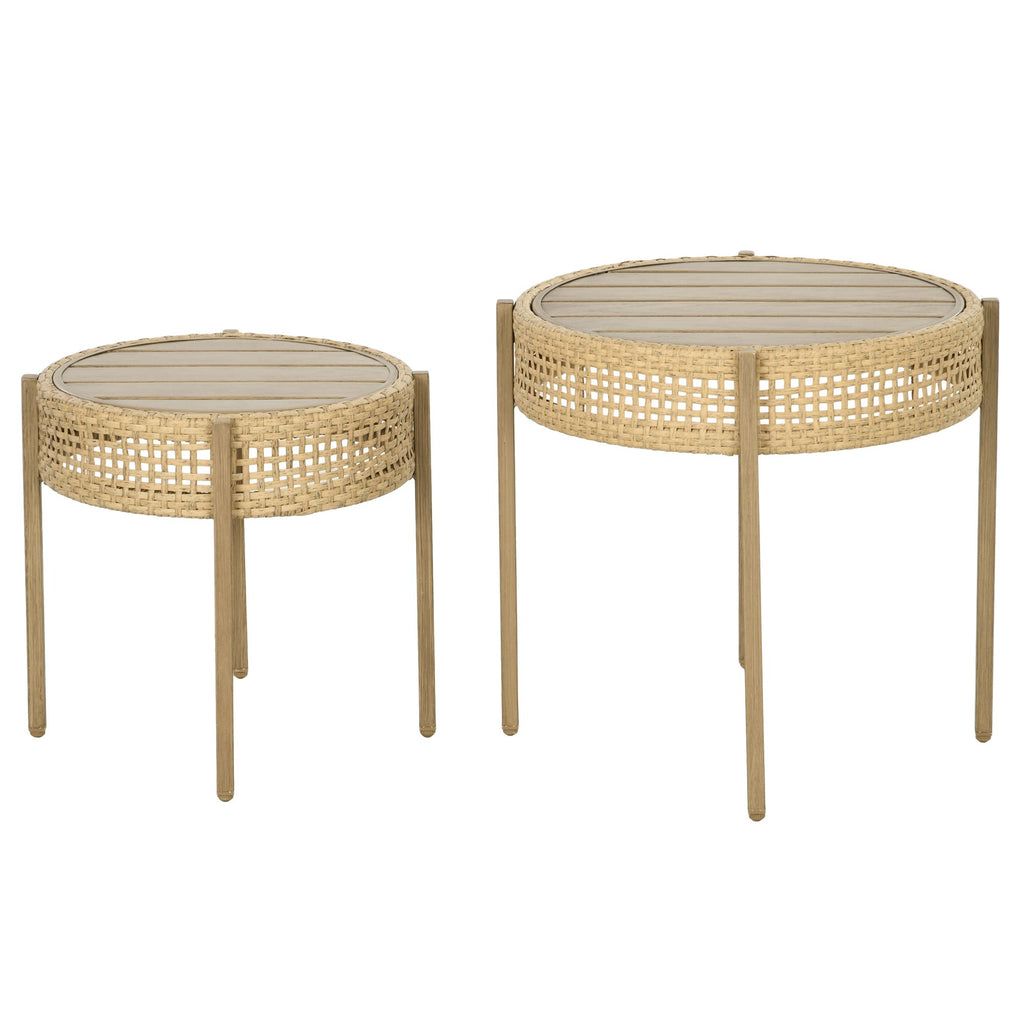 Outdoor Dining Ensemble: Brown Wicker Set with Metal Slatted Circular Table for Patio Elegance|