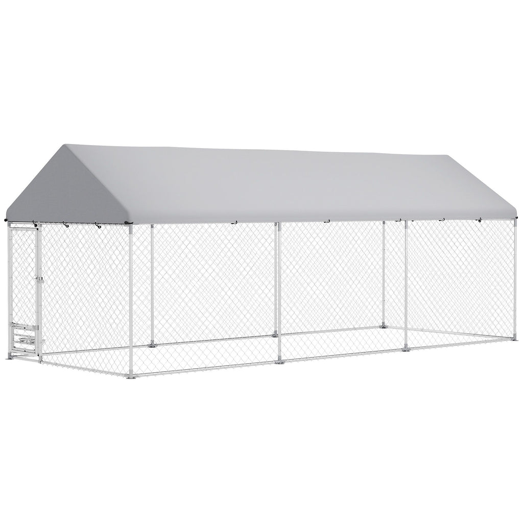 Outdoor Dog Kennel w/ Adjustable & Rotatable Bowl Rack, Waterproof UV-Resistant Cover, Secure Lock, 19.7' x 7.5' x 7.5'