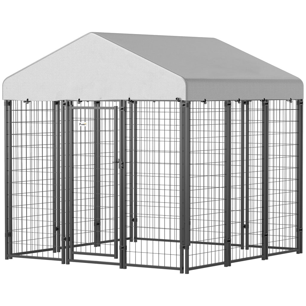 Outdoor Dog Kennel with Roof with Escape-proof Lock, UV-Resistant & Waterproof Cover, 6' x 6' x 6', Silver