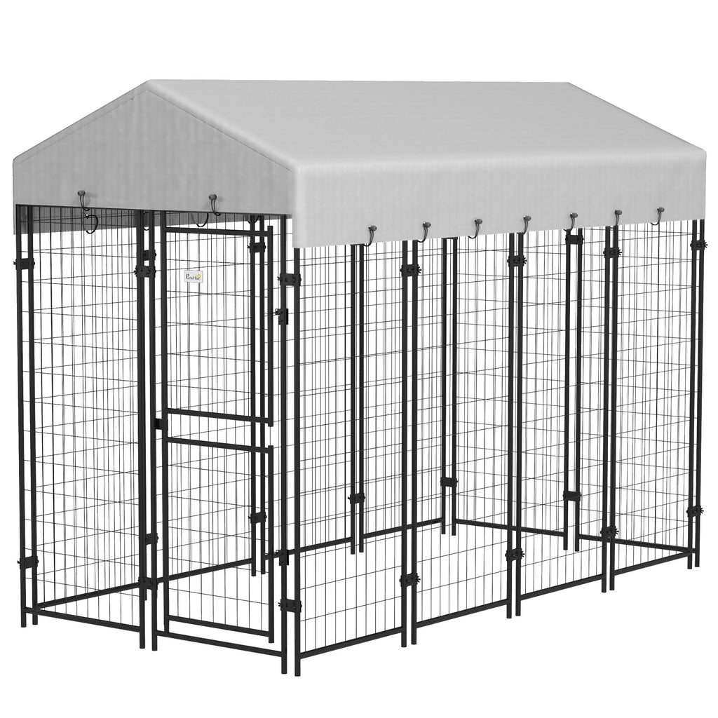 Outdoor Dog Kennel with Waterproof Canopy, Two-Part Door Design for Large Breeds, Silver
