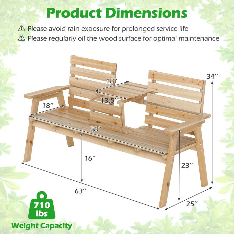 Outdoor Fir Wood Bench with Foldable Middle Table