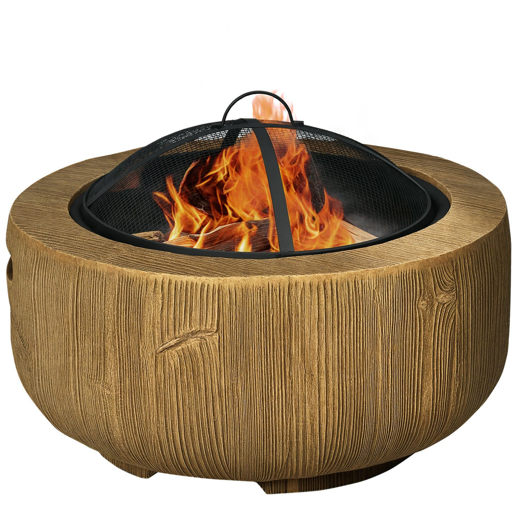 Outdoor Fire Pit, 24 Inch Metal Wood Burning Fireplace with Spark Cover, Poker, Woodgrain Design for Patio, Picnic, Backyard, Light Brown