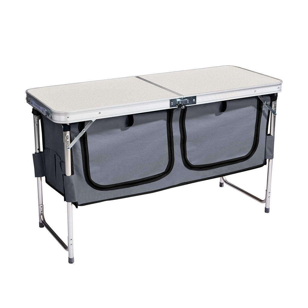 Outdoor Folding Camping Table with Storage Compartment, 4ft Portable Pinic Table with 3 Adjustable Height, Carry Handle for Outdoor Indoor Hiking Camp BBQ Beach, White