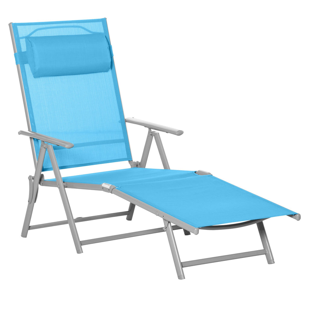 Outdoor Folding Lounge Chair, 7-Position Adjustable Zero Gravity Lounge Chair with Pillow, Portable Reclining Tri-Fold Chaise for Beach, Swimming Pool, Light Blue