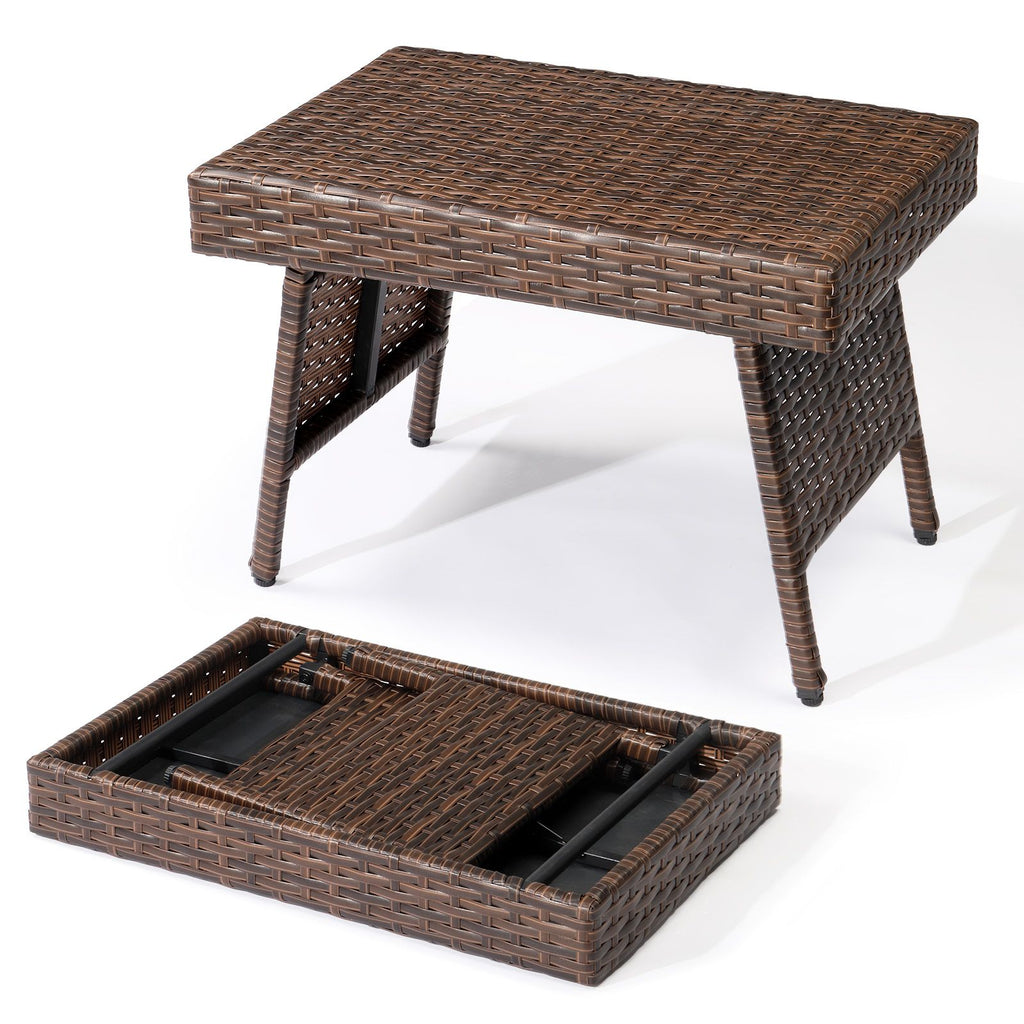 Outdoor Folding Side Table, Patio Rattan Coffee Table with PE Wicker & High-Duty Steel Frame for Garden Courtyard Poolside, Brown