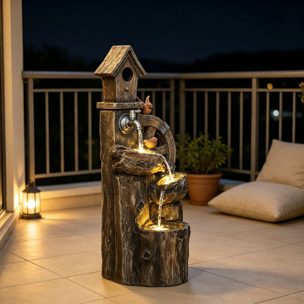 Outdoor Garden Water Fountain: 3-Tier Cascading Waterfall with LED Lights, Water Wheel & Birdhouse Design for Home Yard Decor