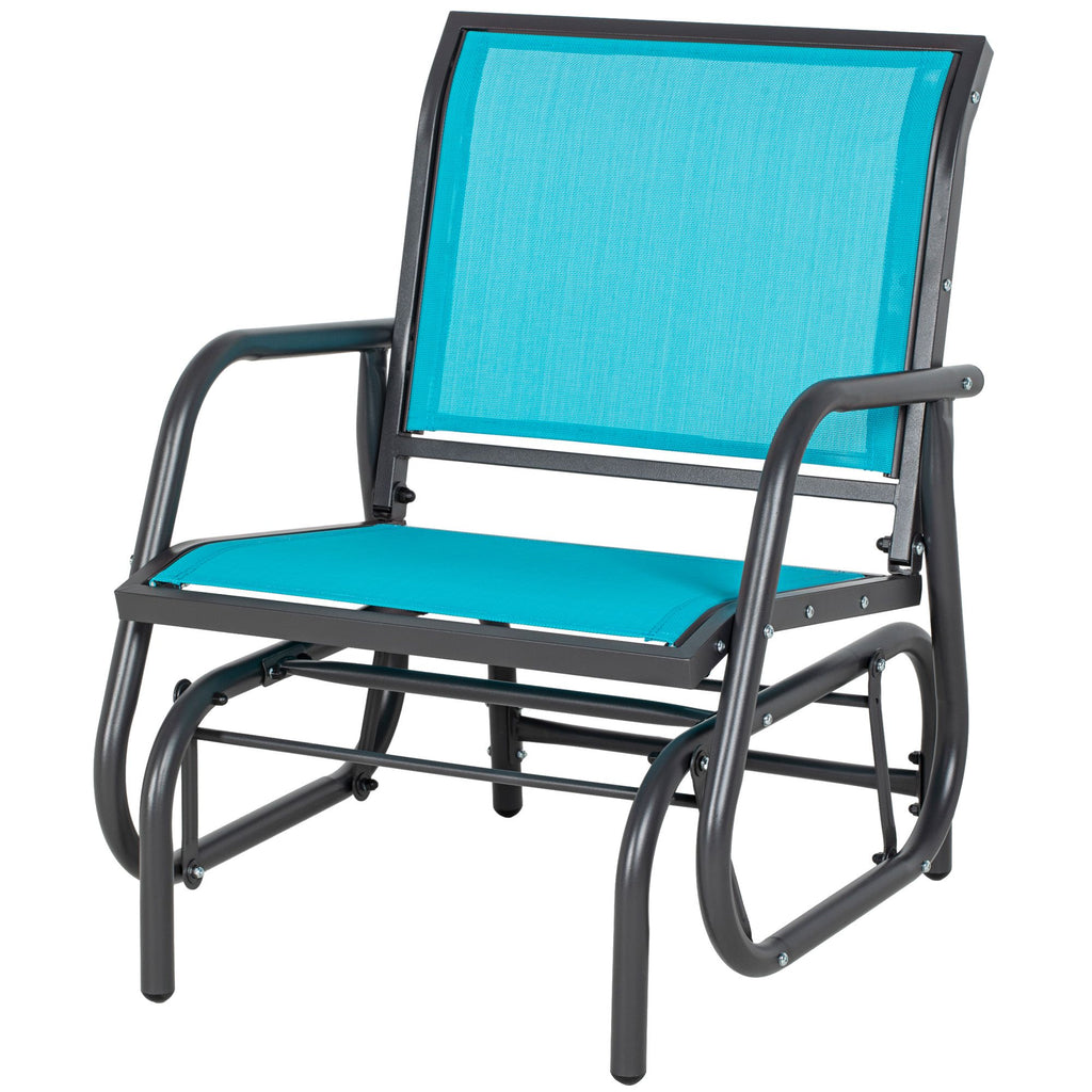 Outdoor Glider Chair, Steel Swing Chair with Curved Armrests, Blue, for Porch, Garden, Poolside, Balcony