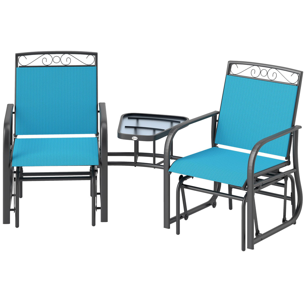 Outdoor Glider Chairs with Coffee Table, Patio 2-Seat Rocking Chair Swing with Breathable Sling for Backyard, Blue