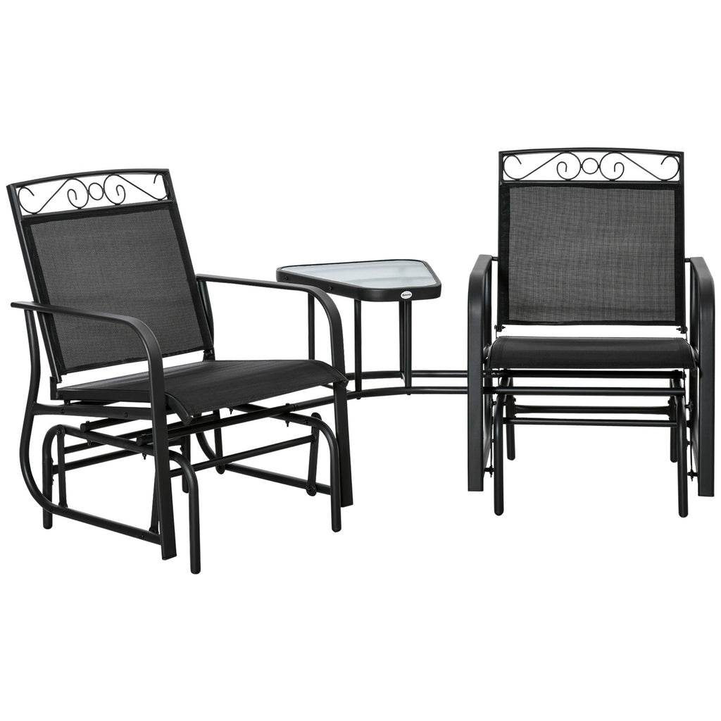 Outdoor Glider Chairs with Coffee Table, Patio 2-Seat Rocking Chair Swing with Breathable Sling for Backyard, Garden and Porch, Black