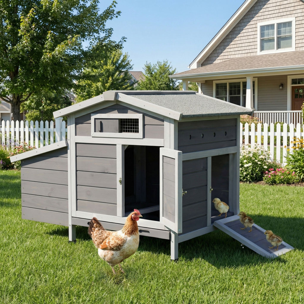 Outdoor Gray Free-Range Wooden Chicken Coop with Asphalt Roof, Pull-Out Tray, Nesting Box with Easy Access, Front & Side Doors with Metal Latches