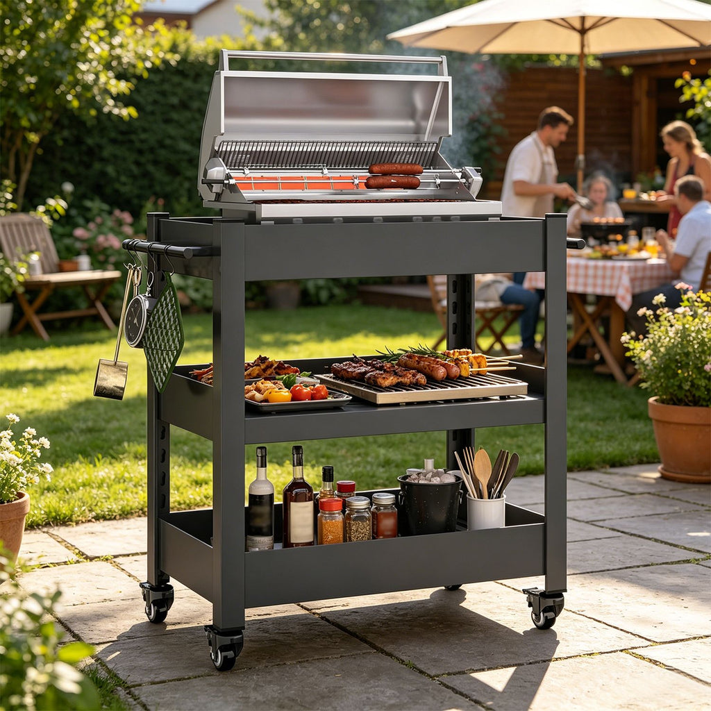 Outdoor Grill Cart Table with Handles, Indoor and Outdoor Pizza Oven Table with Lockable Wheels,3-Tier Mobile Multifunctional Organizer Table for Grilling Fans,26.38"H x 23.62"W x 13.78"D Black