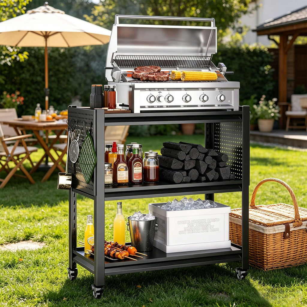 Outdoor Grill Cart Table with Pegboard, Indoor and Outdoor Pizza Oven Table with Lockable Wheels,3-Tier Mobile Multifunctional Organizer Table for Grilling Fans, 33.5" H x 32.7" W x 15.8" D Black