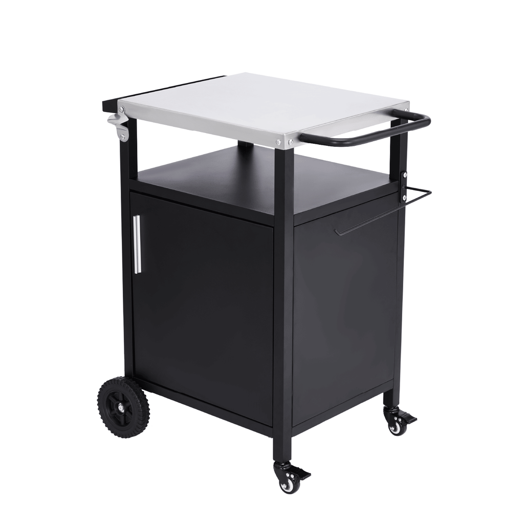 Outdoor Grill Table Cart with Cabinet, Stainless Steel Movable Kitchen Island with Large Storage Cabinet, Multifunction Food Prep Table with Bottle Opener and Seasoning Tray, Black