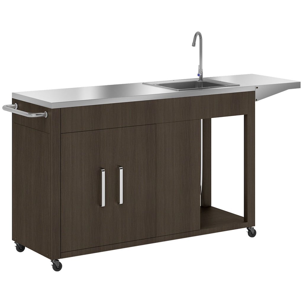 Outdoor Grill Table with Stainless Steel Sink and Drainage, Grill Cart with Foldable Side Table and Cabinet, Outdoor Kitchen Island with Wheels, Distressed Brown
