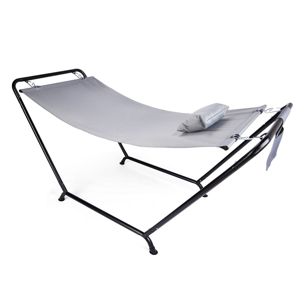 Outdoor Hammock Bed with Stand, Cozy Outdoor Hammock with Pillow & Storage Pocket for Patio, Backyard, Garden, Poolside, Weather-Resistant Polyester, 600LB Weight Capacity, Gray