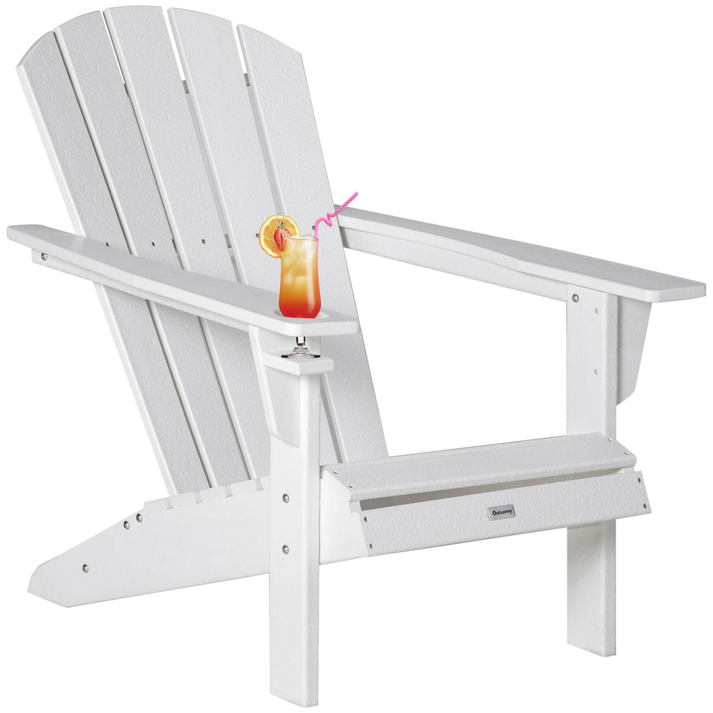 Outdoor HDPE Adirondack Deck Chair, Plastic Lounger with Cup Holder, High Back and Wide Seat, White