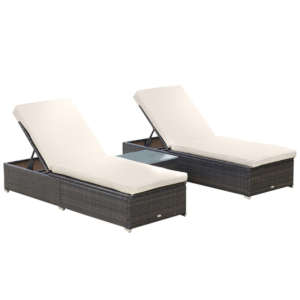 Outdoor Lounge Chairs Set of 2 with 5-Level Angles Adjust Backrest, Thick Cushions, & Matching Table, Patio Rattan Furniture Sets for Pool Side, Balcony, Beach, Yard, MixedBrown