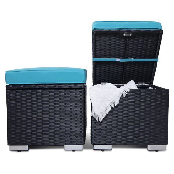 Outdoor Ottoman Patio Foot Rest 2 Pieces PE Rattan Foot Stool with Storage All Weather Outdoor Ottomans for Patio Multifunctional Waterproof Footstool Ottoman with Removable Cushion Black